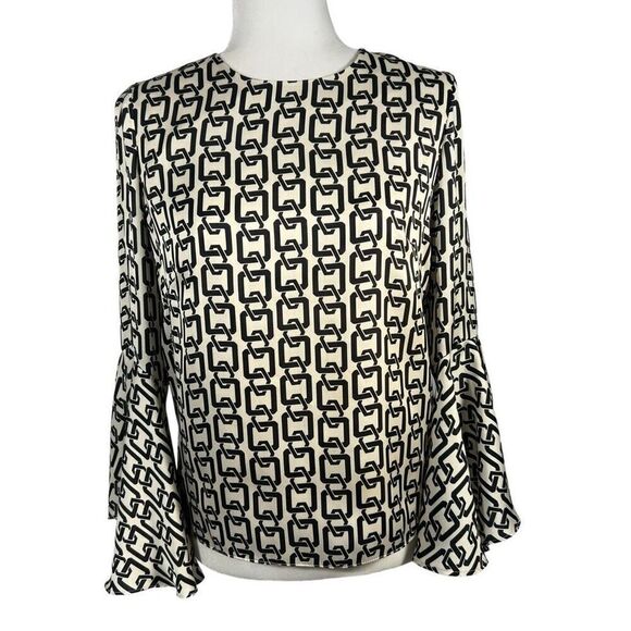Milly Sz Small Black & White Keyhole Holly Bell-Sleeve Chain-Print blouse top wo - Picture 2 of 14